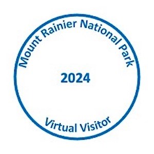 Blue stamp with a circle and text reading "Mount Rainier National Park Virtual Visitor 2024"