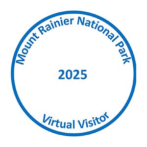 Blue stamp with a circle and text reading "Mount Rainier National Park Virtual Visitor 2024"