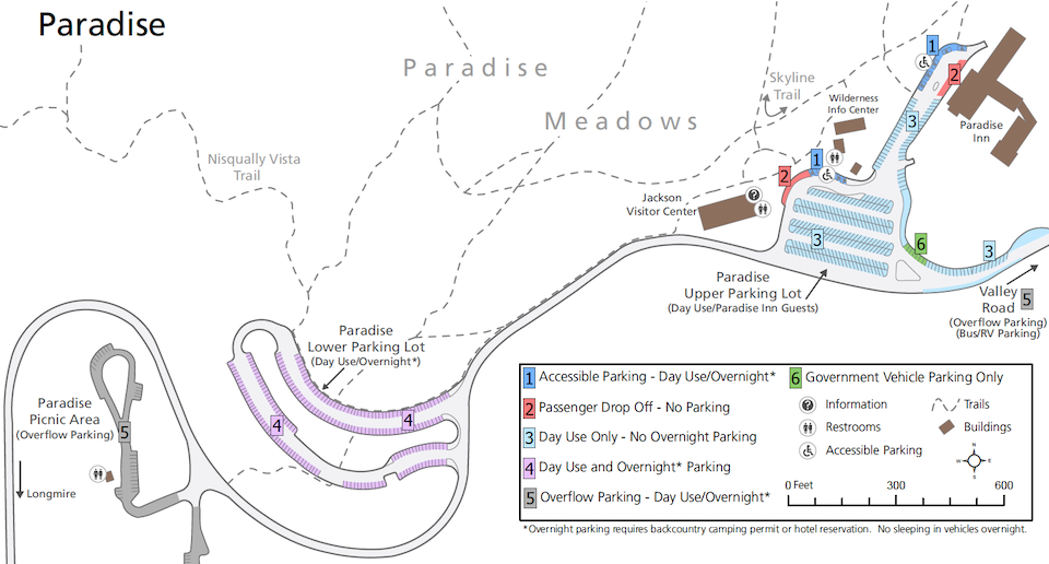 Simple map of the parking areas and main facilities of the paradise area, with day use and overnight parking in the lower lot, and day use and Paradise Inn Parking in the upper lot.