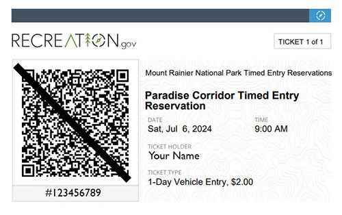 Example screenshot of a timed entry reservation with a QR code and name, date, and time of the reservation.