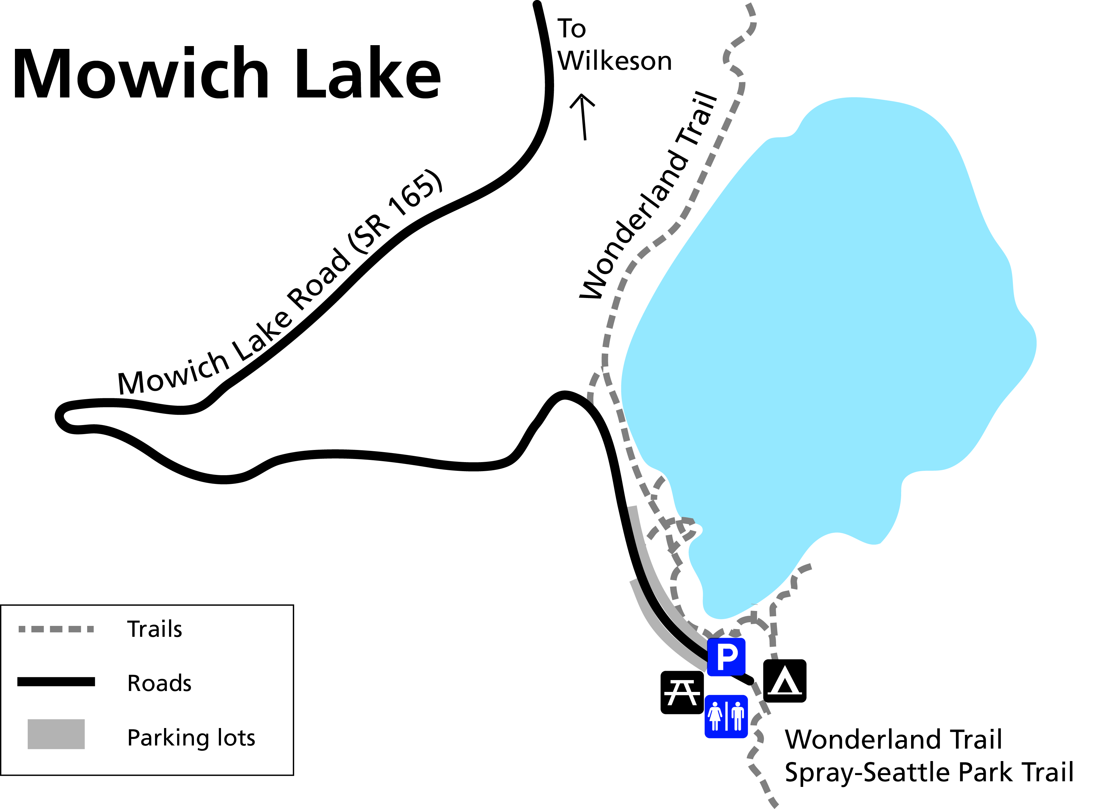 Simplified map of the accessible features at Mowich Lake.