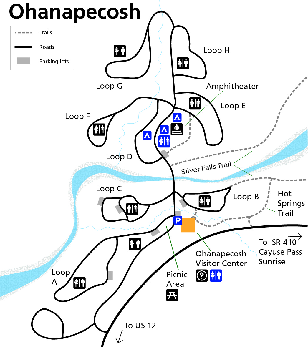 A simplified map of the accessible features at Ohanapecosh