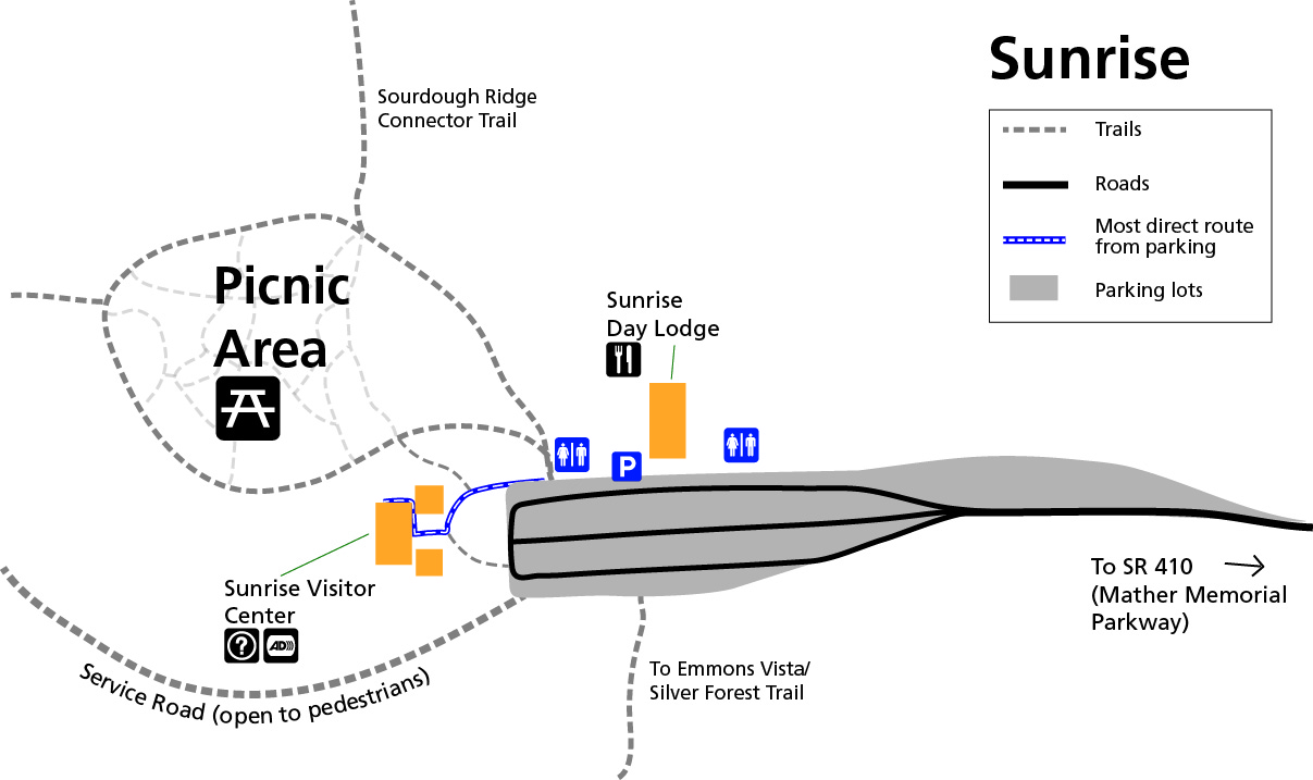 A simplified map of the Sunrise area highlighting accessible features