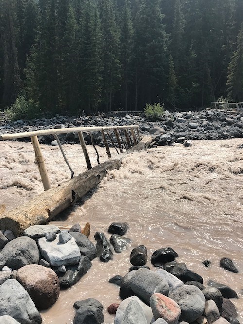 A turbulent muddy river washes over the top of a log footbridge.