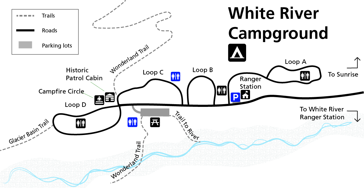 A simplified map of the White River Campground highlighting accessible features