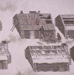 Soldiers building huts with deep snow on the ground.
