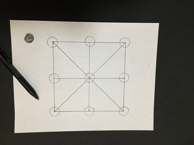 Picture with a square on it.  In the square is an X from corner to corner. There is also a line cutting both horizontally and vertically through the X. There are circles drawn where the lines intersect.  A total of 9 circles.