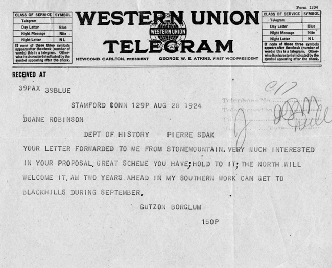 Image of Gutzon Borglum's telegram reply to Doane Robinson's letter.