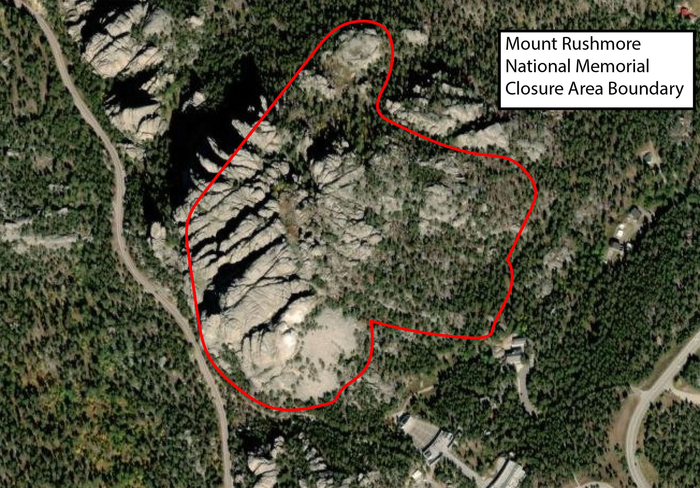 Aerial view of Mount Rushmore showing area closed to visitors.