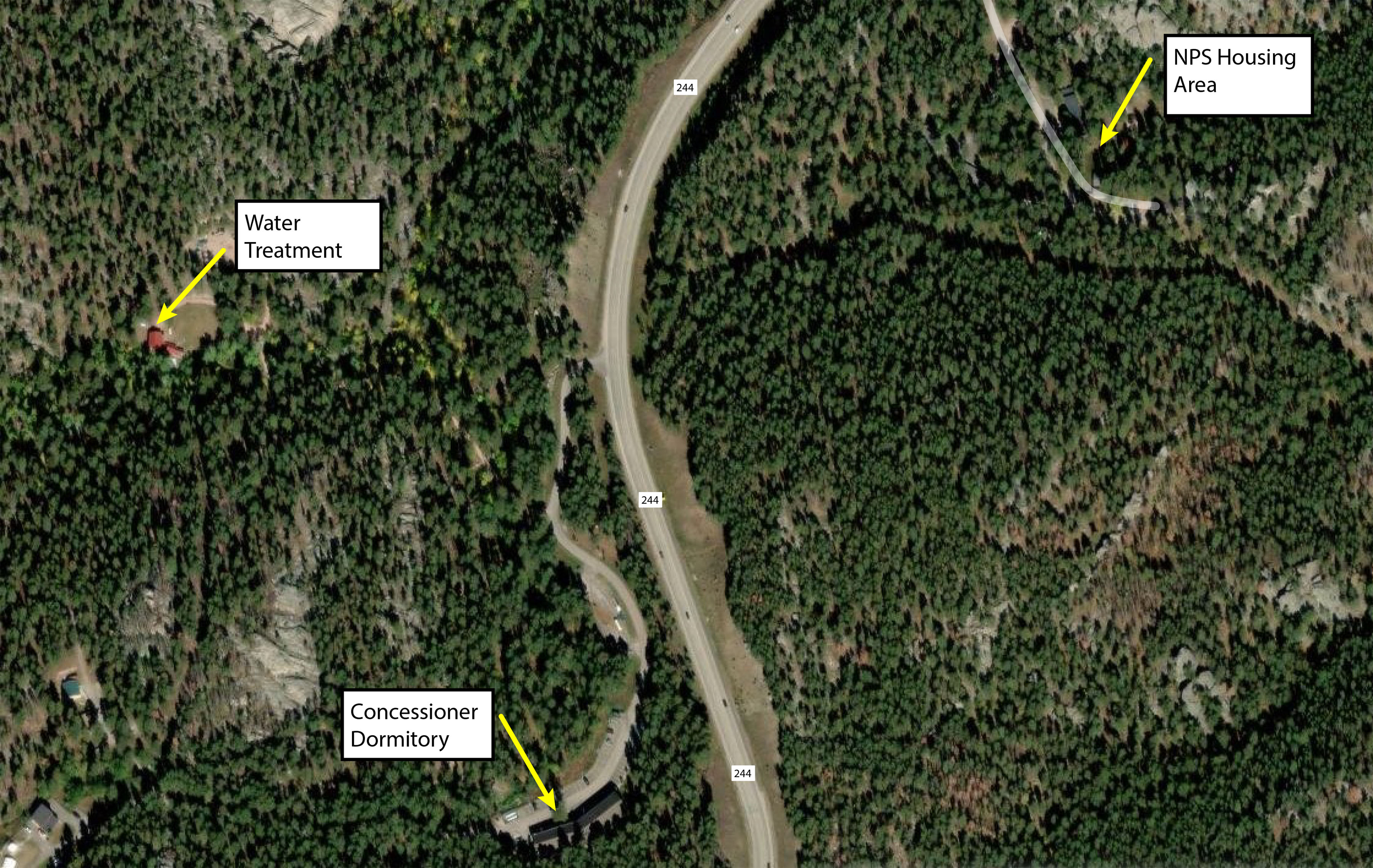 Aerial view of locations of NPS housing area, water treatment facility, and concession dormitory all of which are areas closed to the public.