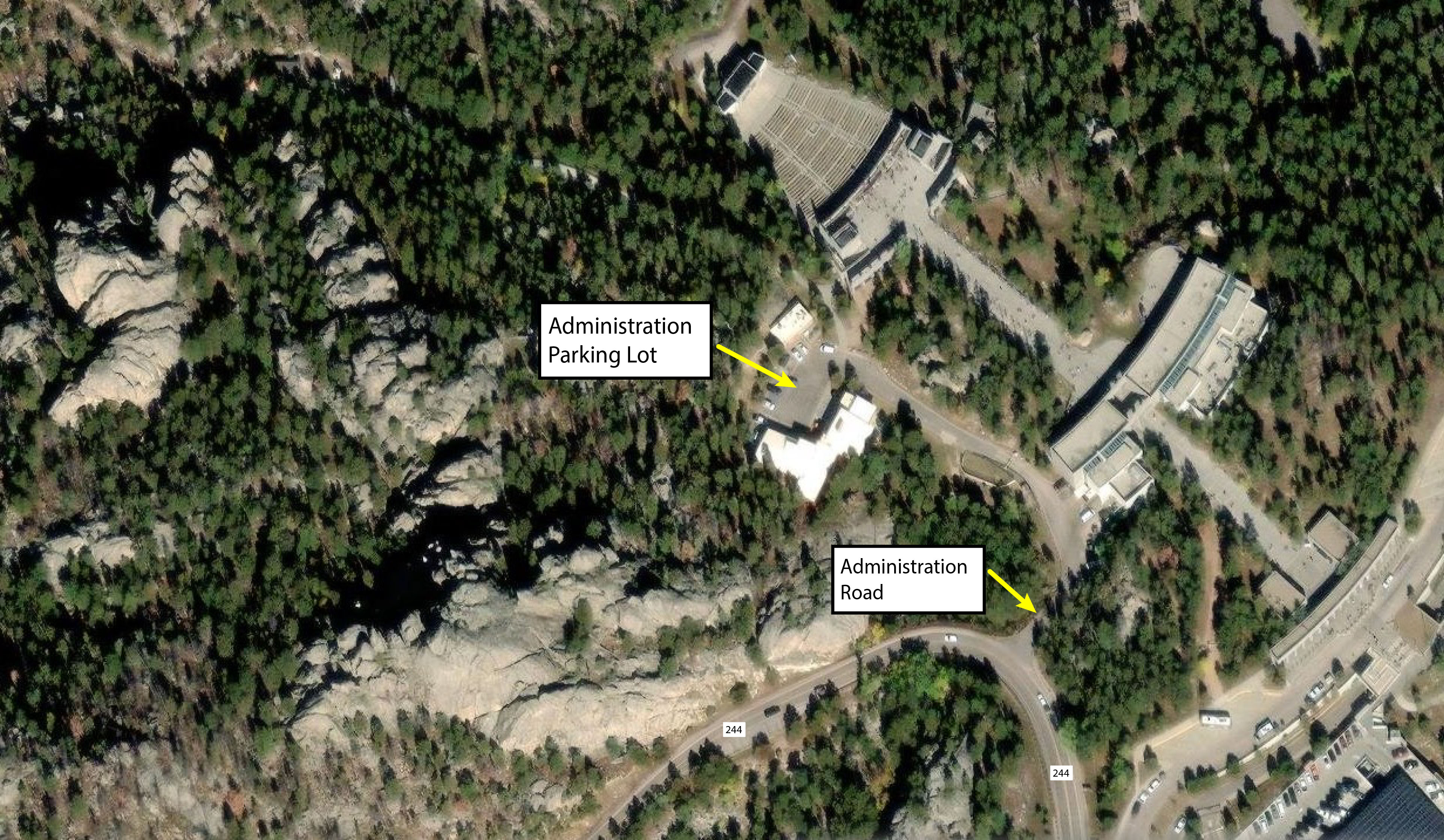 Aerial view showing location of the administration road and parking lot, which are closed to the public.
