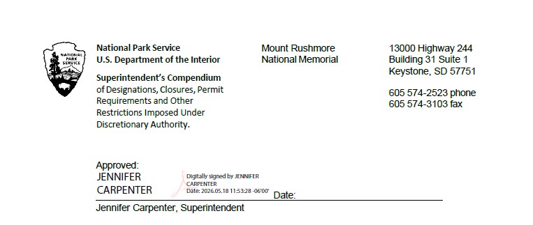 Header page of Mount Rushmore National Memorial's Superintendent's Compendium with a digital signature from Superintendent Jennifer Carpenter.