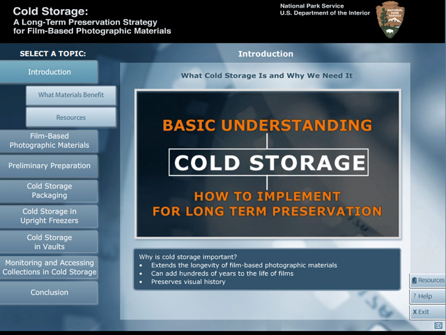 This video explains the need for cold storage by shows old film clips of National Parks, while conservators Theresa Voelenger and Jenny Barton introduce the training program.