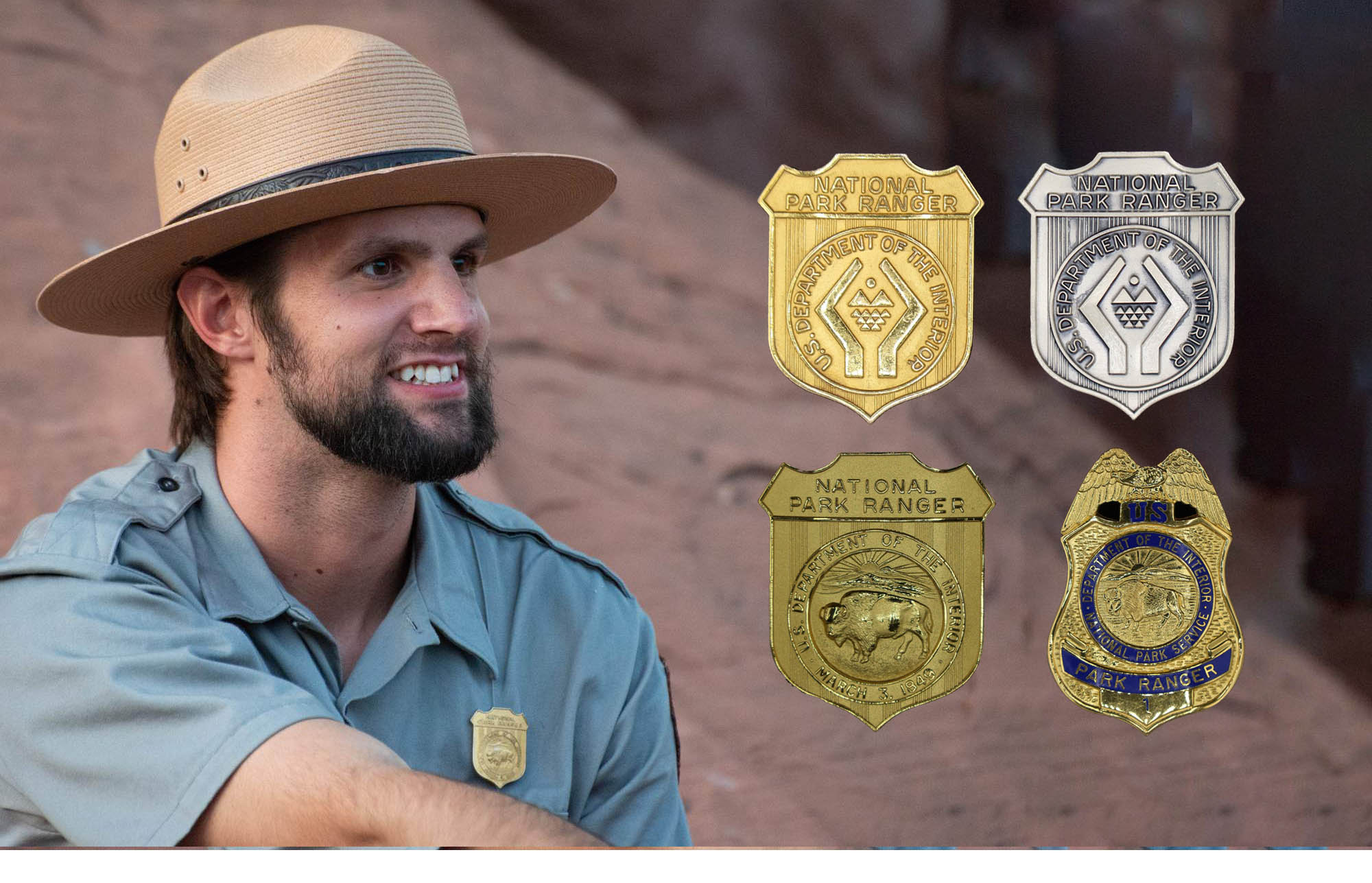 Martin Tow in NPS uniform with shield-shaped badge bearing a bison pinned to his shirt. Four styles of badges superimposed on photo.