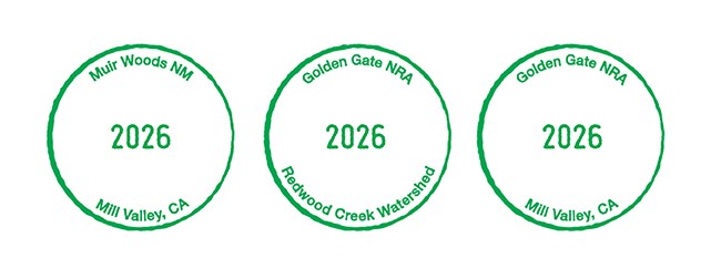 Three 2026 cancelation stamps from Muir Woods, the Redwood Creek Watershed, and the Golden Gate National Recreation Area