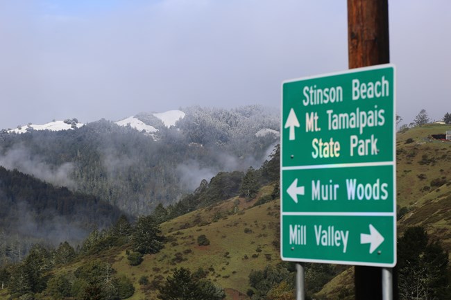 a sign points left to muir woods and up to Mt. Tamalpais with the mountain in the background
