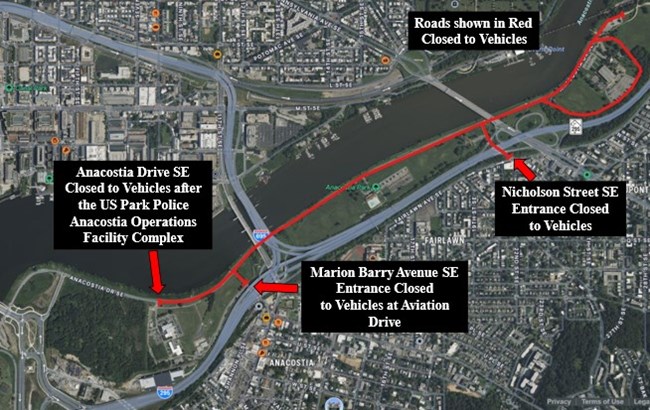 Aerial view map of closed roads outlined in red