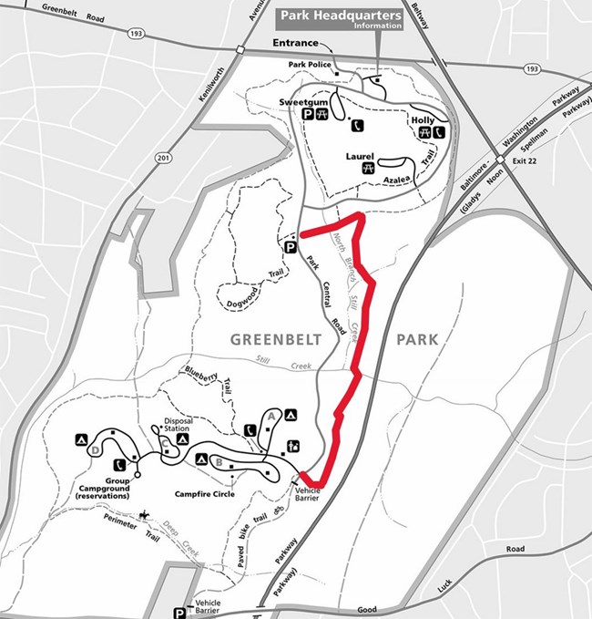 Map of the Greenbelt Park Perimeter Trail closed area outlined in red