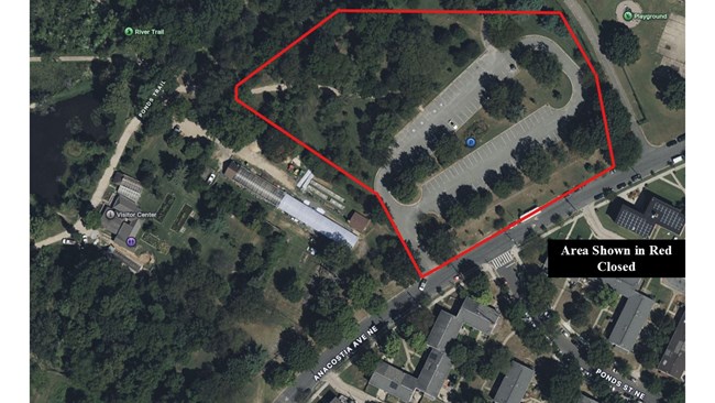 Aerial view map of closed area at Kenilworth Aquatic Gardens outlined in red