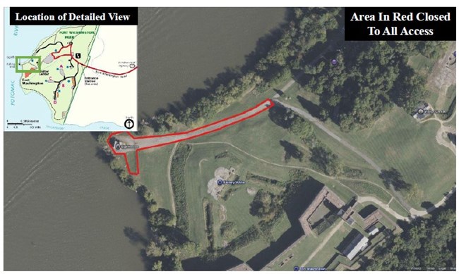 Map of closed area around the Fort Washington Lighthouse and nearby sidewalks outlined in red