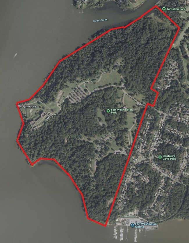 A satellite map of Fort Washington Park showing a closure area outlined in red.