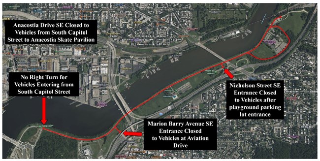 Aerial view map of closed roads outlined in red