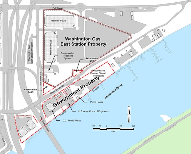 Map of the Washington Gas property on the north bank of the Anacostia River adjacent to the 11th Street Bridge.
