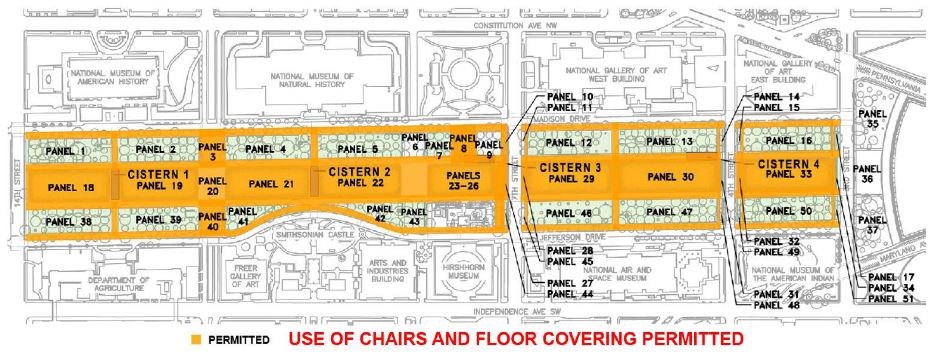 Map of where use of chairs and floor covering is permitted on the National Mall