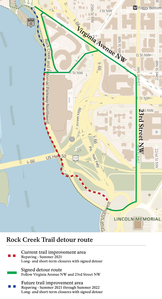 Detour route shown on Virginia Avenue NW and 23rd Street NW.