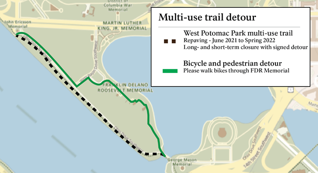 Map of detour for pedestrians and bicyclists during multi-use trail work next to Ohio Drive between Independence Avenue SW and Inlet Bridge (near FDR Memorial in West Potomac Park).