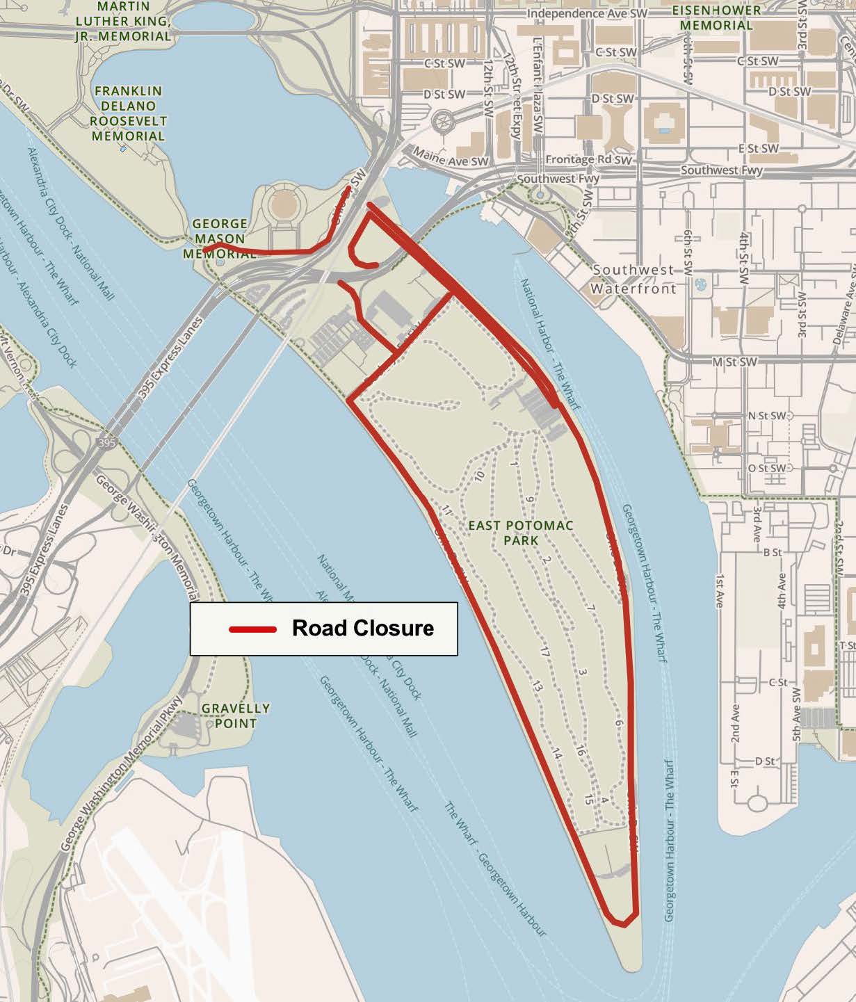 Map of road and area closures for National Independence Day Celebration. Specific closures are listed on this page.