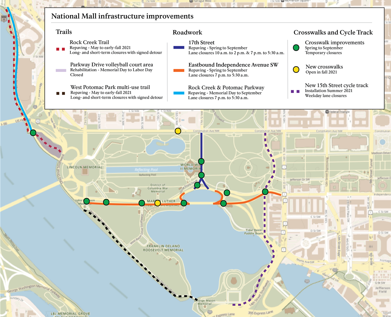 Map showing work on the Rock Creek and Potomac Parkway, Independence Avenue SW, 17th Street, East Basin Drive, the Potomac Heritage National Scenic Trail, along 15th Street, and at crosswalks to be built near the DC War/MLK Memorials and Constitution Ave.