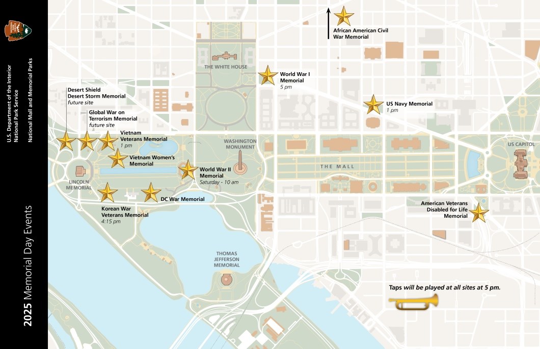 Map showing veterans and war memorial sites around the National Mall