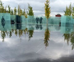 Ginko Biloba trees reflecting on star fountain among glass panels of soldiers