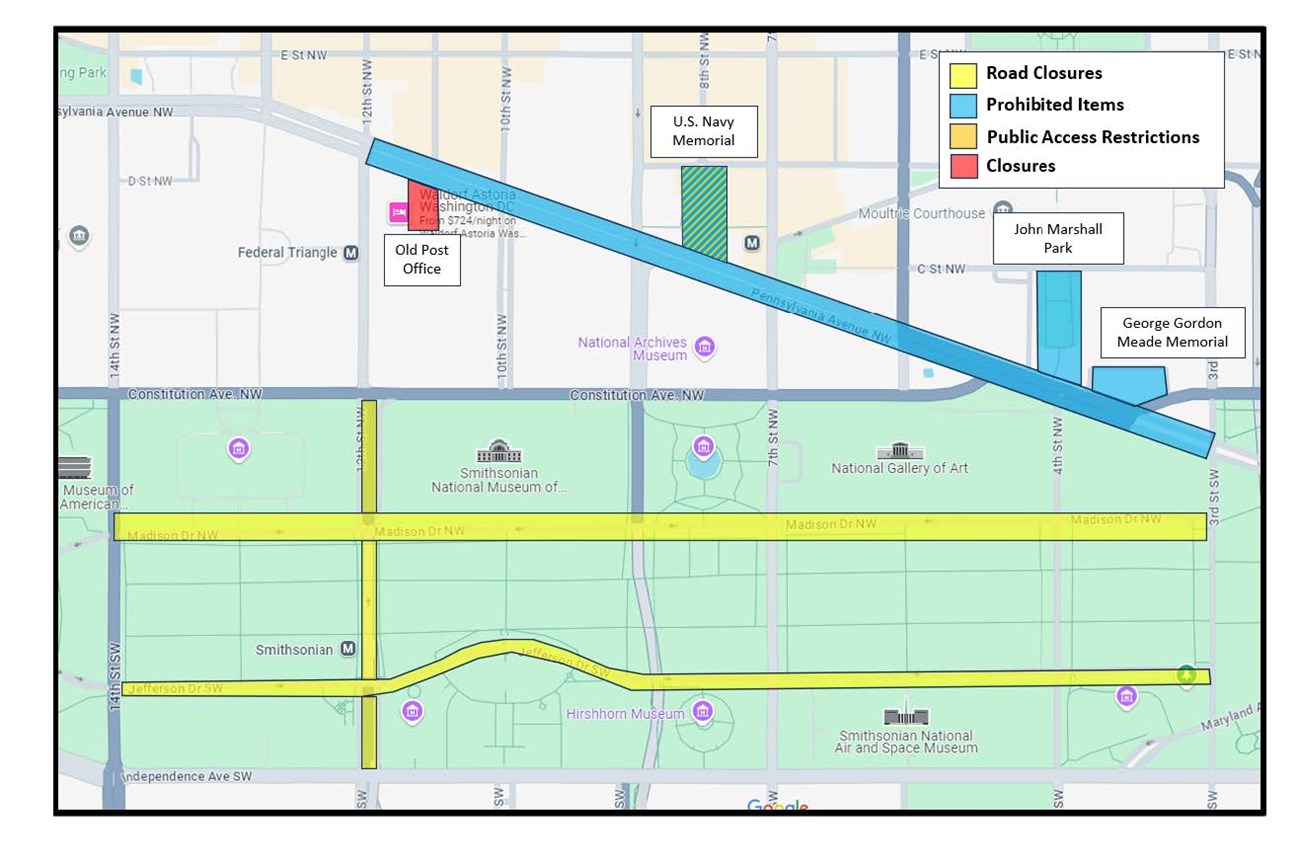 Map showing closed areas on Pennsylvania Avenue