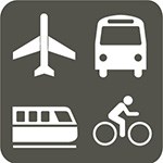 grey icon with a plane, train, bus and bicycle in white