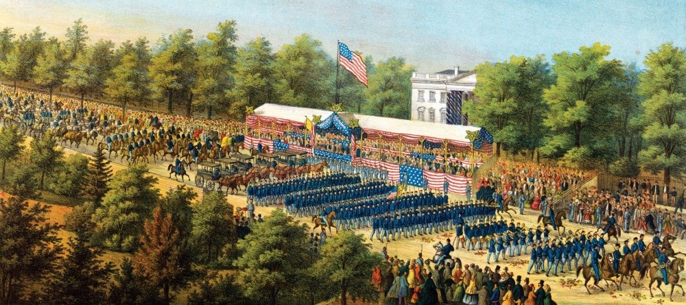 Color engraving of soldiers marching past the White House