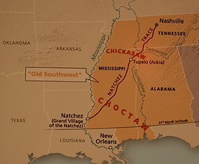 Map showing the Natchez Trace running through the Choctaw and Chickasaw lands.