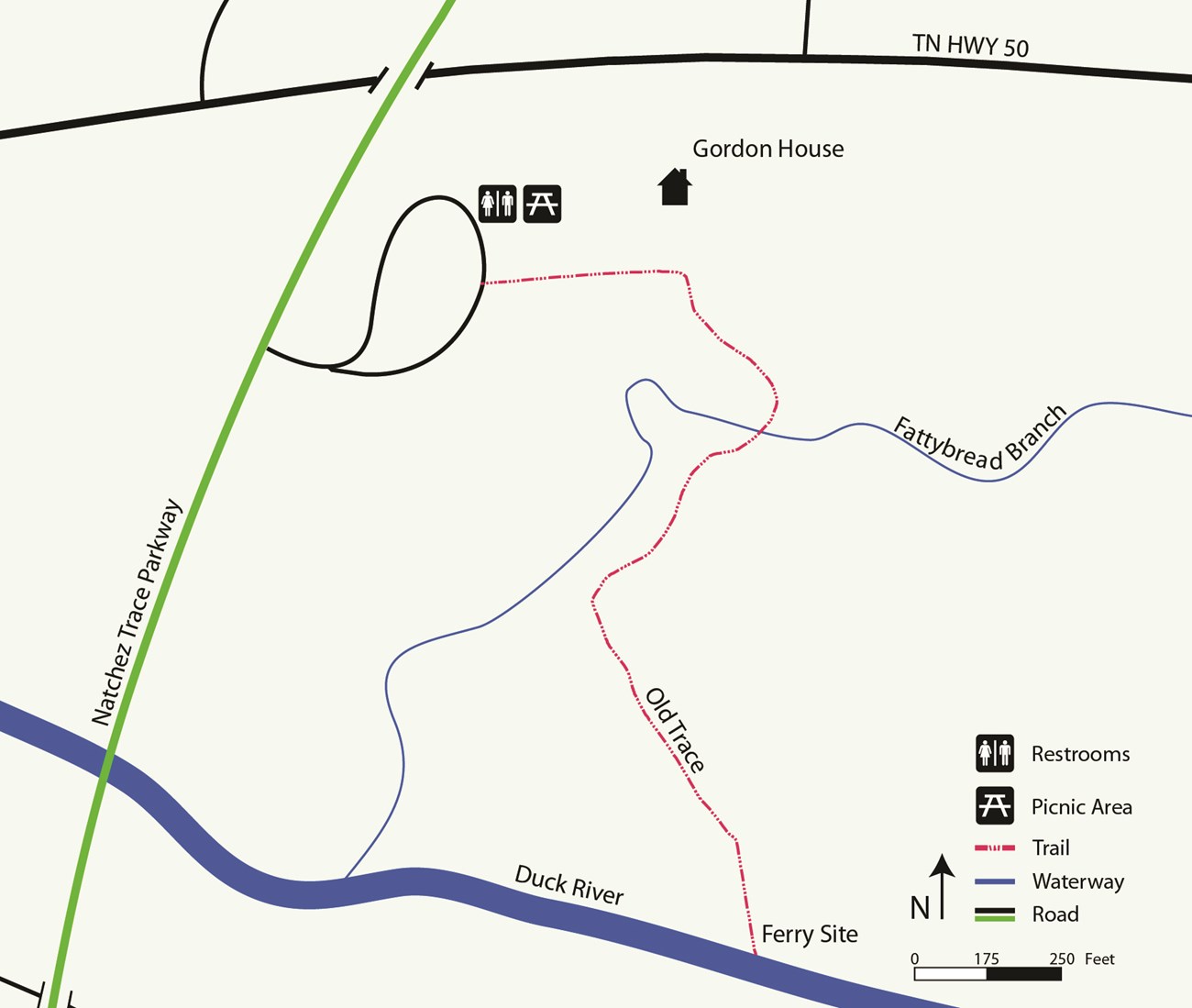 Map showing the hiking trail from the Gordon House parking lot across a stream and then leading to the Duck River