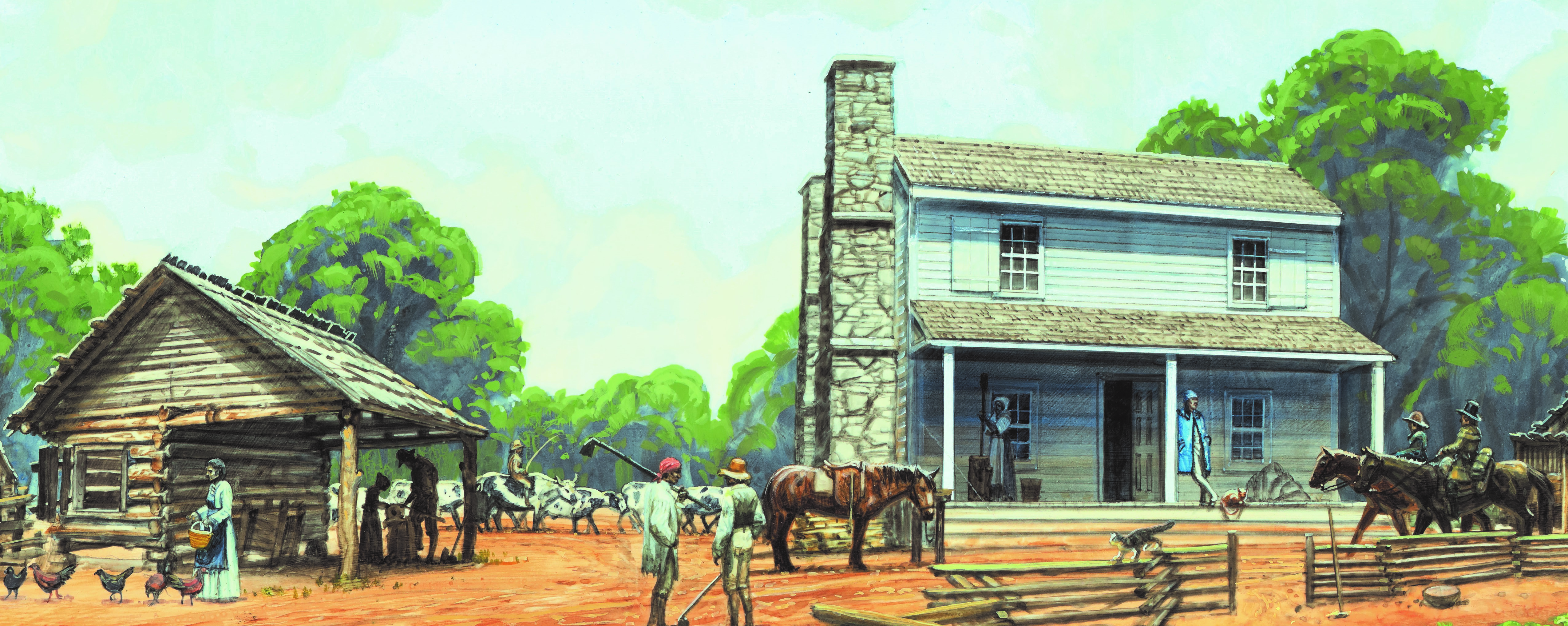 Typical day of activity at Buzzard Roost Stand. People working include enslaved people and American Indians. Boatmen rest on the front porch from their journey at the two story wooden home. Animals such as chickens, cows and horses shown in the scene.