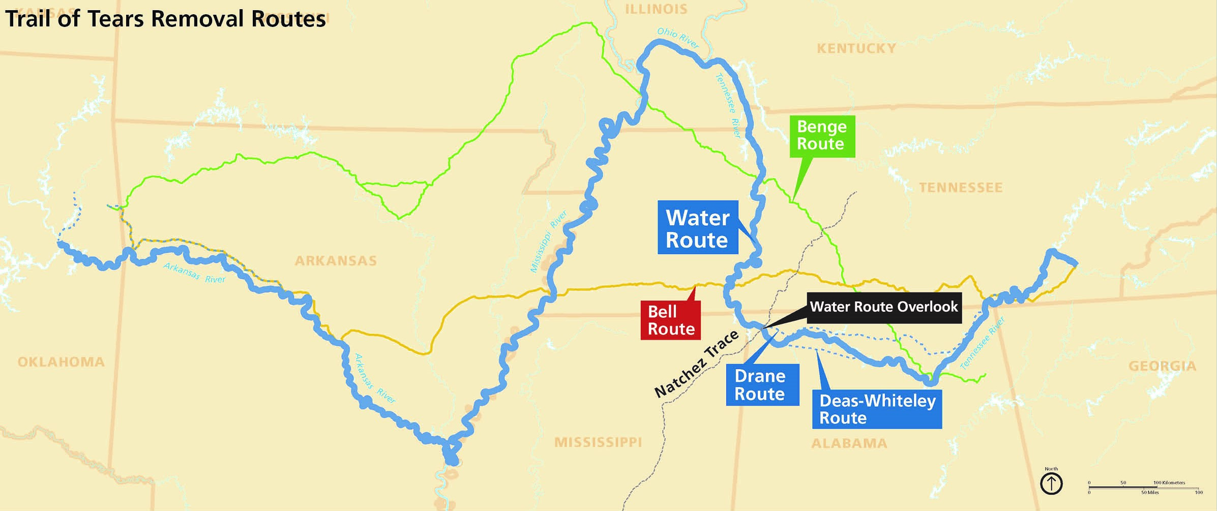 Map of Trail of Tears routes crossing the Natchez Trace Parkway