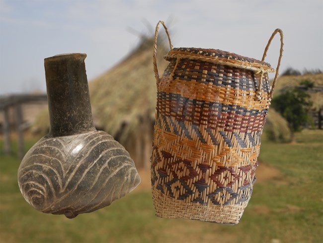 A black clay flask carved arched lines and a tall basket with geometric patterns.