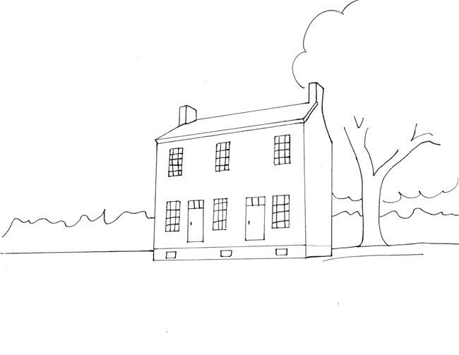black line drawing representing the Gordon House. The house has two doors and three windows on the first floor and three window on the second floor. The house has one chimney on each end of the home.