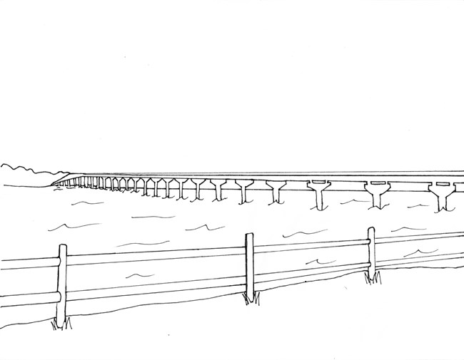 black line drawing representing the John Coffee Bridge over the Tennessee River. There is a two rail fence in the foreground.