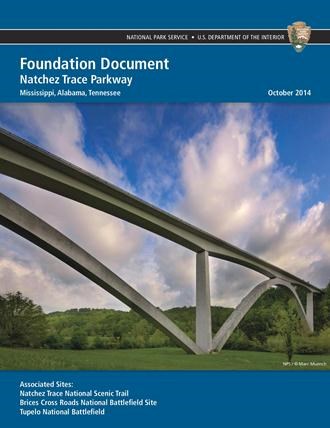 The cover of the park's foundation document, showing the Birdsong Hollow double-arch bridge along the Natchez Trace Parkway