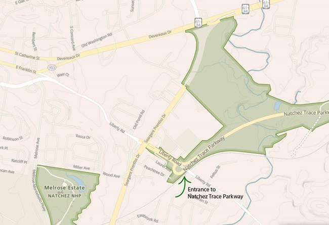 Map showing entrance at Liberty Road in Natchez