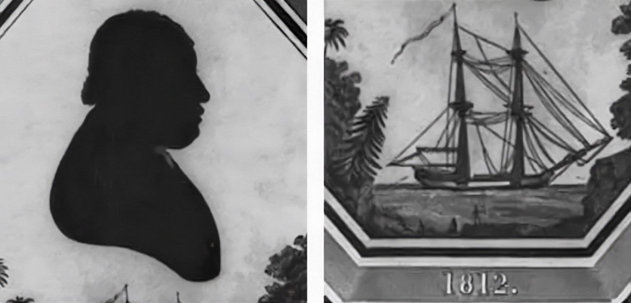 Black-and-white collage featuring a silhouette profile of a man on the left and a sailing ship labeled '1812' on the right, set against a coastal scene.