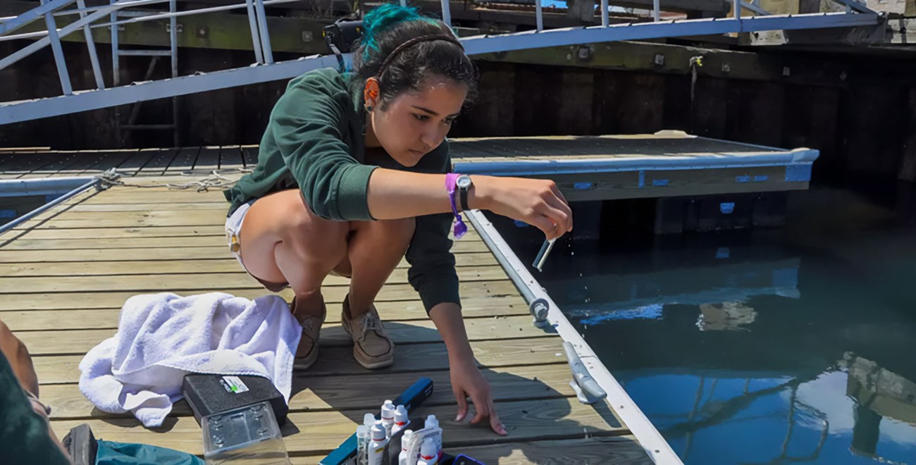 A young woman with teal hair, wearing a green hoodie and shorts, is kneeling on a wooden dock conducting water quality testing. She holds a small water sample tube close to the surface of the water.