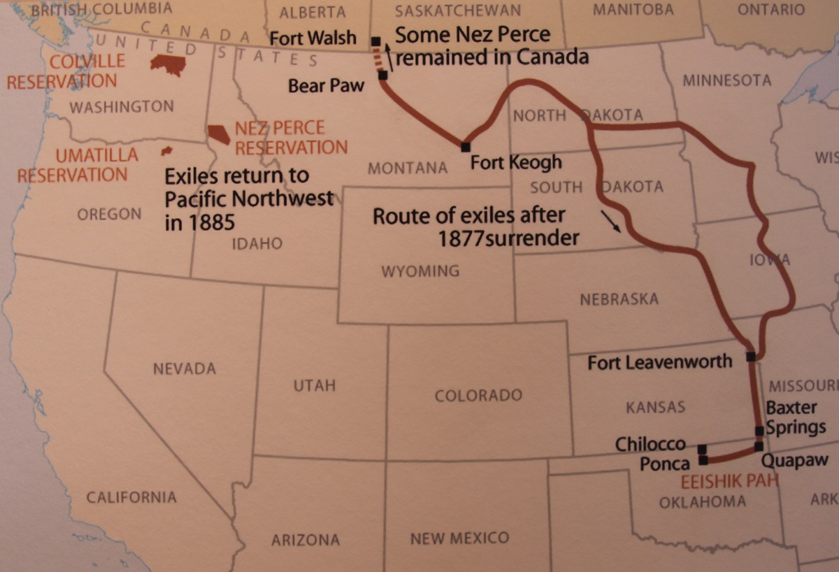 Map showing the route from Bear Paw south through North Dakota, South Dakota, to Fort Leaven worth in Eastern Kansas, then on to north central Oklahoma. Another route goes north to Fort Walsh in southwest Saskatchewan, Canada.