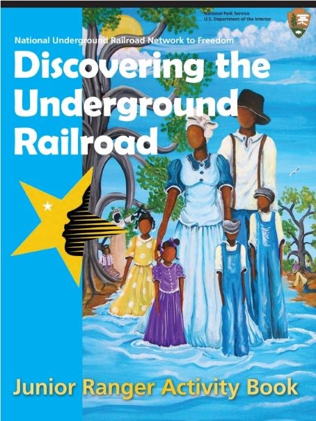 Color page of African American family along standing in an open landscape and text saying National Underground Railroad Network to Freedom.